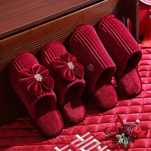
Wedding slippers couple wedding festive red pair of women dowry wedding autumn and winter cotton drag wedding supplies collection Gold velvet strips cotton slippers 9905 [women's style] 20 size small recommended large [2] size