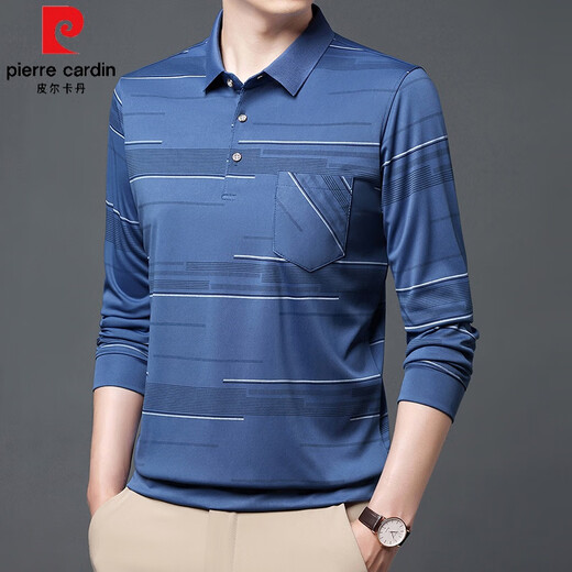 皮尔卡丹（pierre cardin）夏季冰丝男士t恤长袖春秋新款中老年休闲男装薄款爸爸有兜体恤衫 B753横条  绿色 4XL 190/130/58