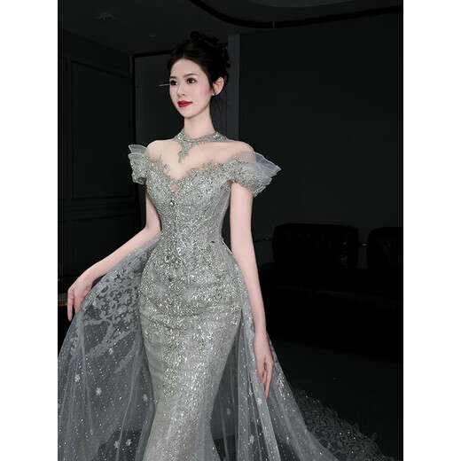 勤驰新品鱼尾轻婚纱新娘法式出门纱一字肩重工主纱高级质感小拖尾 婚纱鱼尾裙送七 M 均码