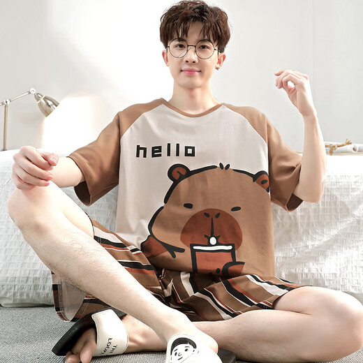 
Zisong summer large-size short-sleeved cotton pajamas men's round neck plus fat plus size 260 Jin [Jin equals 0.5 kg] Thin fat man loose home clothing set b short-sleeved 1517 L Recommended weight 110-135 Jin [Jin equals 0.5 kg]