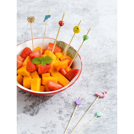 Disposable fruit skewers, bamboo skewers, flower skewers, fruit forks, creative art toothpicks, cocktail skewers, burger skewers, fruit inserts, commercial crystal ball skewers 12cm (100 pieces)