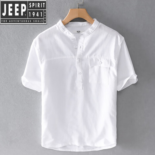 JEEP SPIRIT夏季男装休闲棉麻短袖T恤衫小立领宽松薄款透气亚麻白色上衣服潮 黄色 S