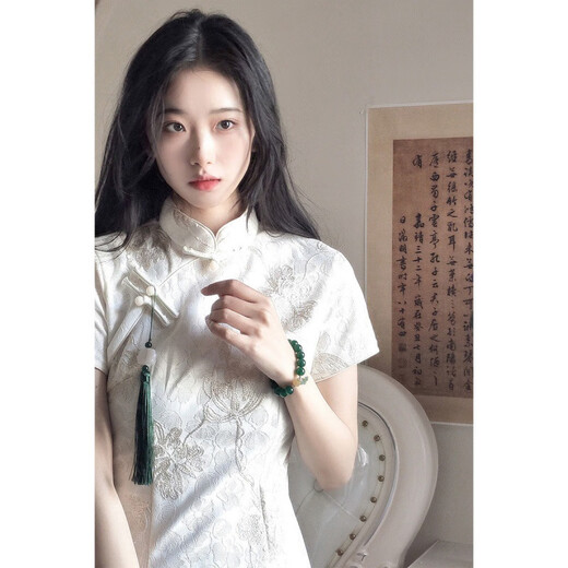 Hualin Mode modifizierte Cheongsam Sommer mädchenhaftes Temperament Weiße Kleider chinesischer Stil täglich 844 Champagner Farbe 2xl