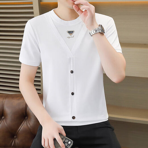Aemape Sommer reines Baumwoll-T-Shirt gefälschte zweiteilige kurzärmelige, dünne, atmungsaktive runde Nacken Schlanker lässiges Hoch-End-Top Herren-T-Shirt Q6626 Black Thin M (Empfohlen 85-110Jin [Jin gleich 0,5 kg])
