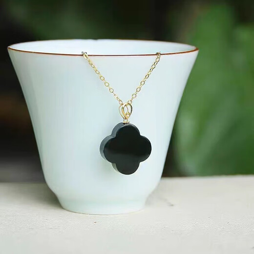 Pure green stone edge natural Hetian jade ink jade four-leaf clover necklace 18k gold pendant female original design jade clavicle chain
