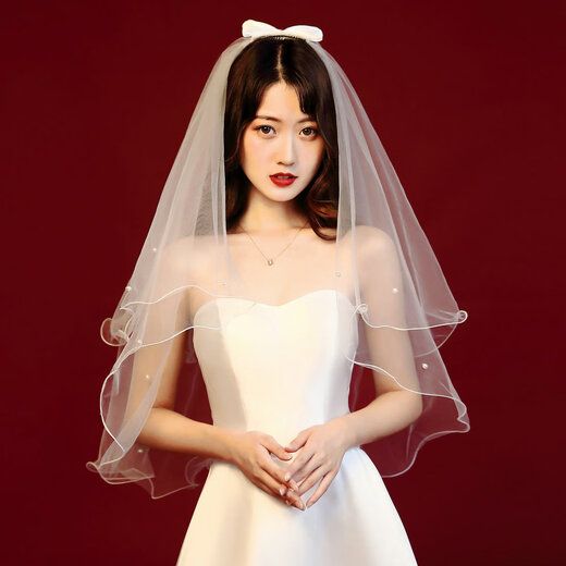 DRJEFUN新款韩式小头纱领证拍照头纱新娘结婚配饰影楼写真头纱多层蓬蓬款 小短款头纱白色发夹款 60cm-80cm