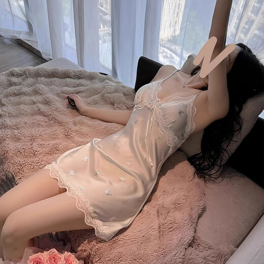 Yu Zhaolin sexy butterfly suspender pajamas for women, blue gray pure and lustful nightgown with chest pad sweet ice silk home clothes