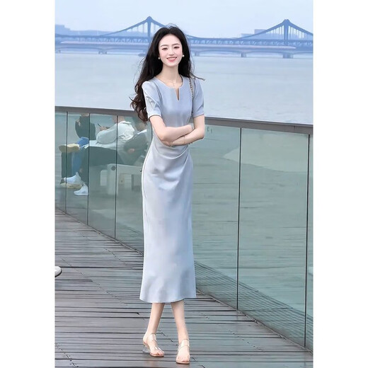 AEMAPE法式气质名媛高端2025浅蓝色连衣裙夏季女神范感端庄大气正式场合 浅蓝色连衣裙 XL 【建议115-125斤】