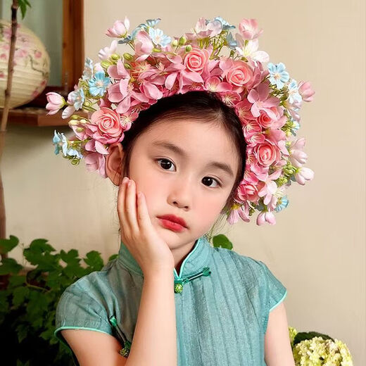 Half hairpin flower headband, children's hair accessories, ancient style Hanfu accessories, ethnic style headdress, flower headband, garland hair accessories, pink hairpin flower headband
