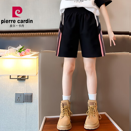 皮尔卡丹（pierre cardin）女童套装夏季薄款冰丝速干短裤宽松休闲中大童儿童运动t恤两件套 5597黑色短裤+723粉色T恤冰丝短 120 cm