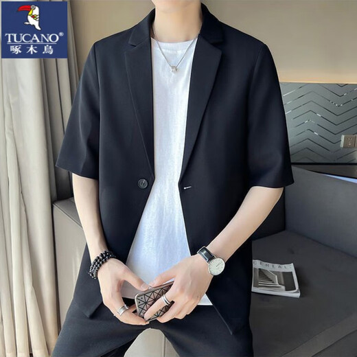 啄木鸟（TUCANO）结婚礼服微胖男生显瘦穿搭夏季短袖西服套装男大码半袖小西服男装 黑色西服+白色短T恤+黑色裤子 5XL 建议180-210斤穿