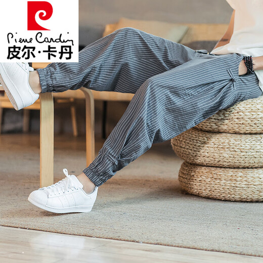 皮尔卡丹（pierre cardin）亚麻裤男夏季薄款九分裤宽松束脚哈伦裤中国风男裤条纹棉麻休闲裤 MK983白色 XL (130-145斤)