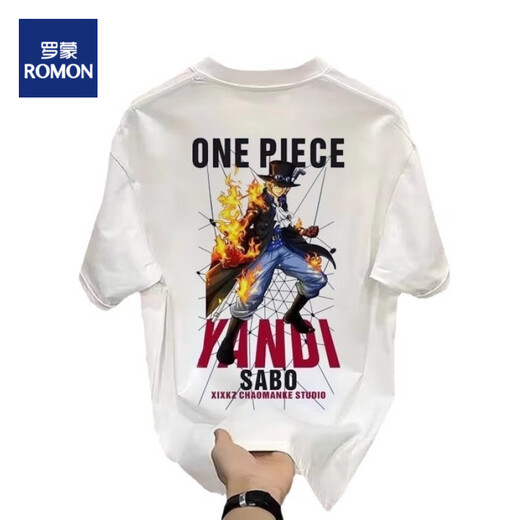ROMON T-shirt Men's Japanese One Piece Animation Print Print Short Sleeve Men's 2025 Summer Middle-aged and Young Round Neck T-shirt Top C6197-White (220g) Long Fleece Cotton S