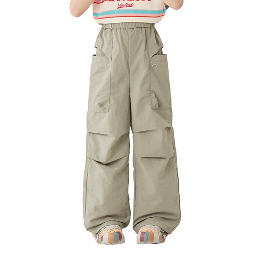 
moonkids girls quick-drying work pants 2025 summer new children's mountain style wide-leg paratrooper pants girls outdoor thin style 15261 military green + 15265 apricot color 150 cm