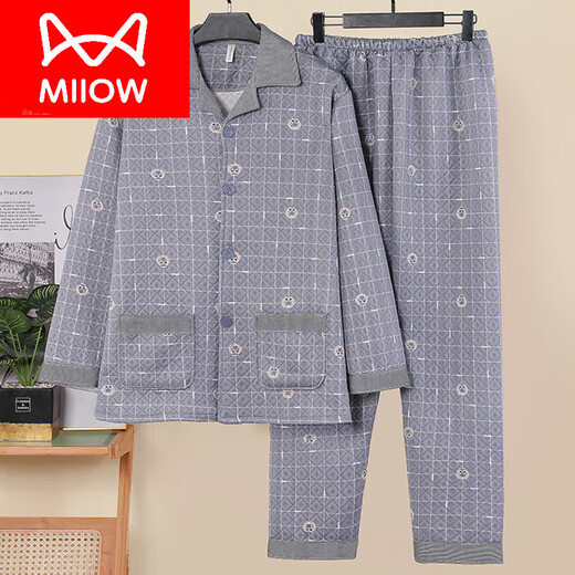 猫人（MiiOW）高档保暖棉服秋冬款男士睡衣纯棉夹层空气棉加厚长袖中老年家居服 6621棕红色 L 【建议90-120斤】