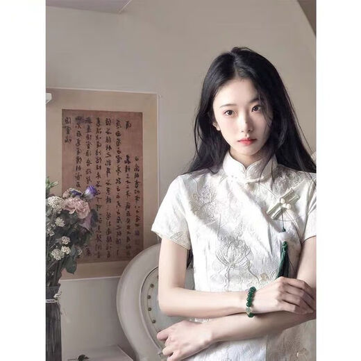 Hualin Mode modifizierte Cheongsam Sommer mädchenhaftes Temperament Weiße Kleider chinesischer Stil täglich 844 Champagner Farbe 2xl
