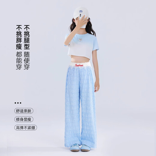 小猪彼特女童夏装2025新款套装儿童夏季洋气时尚12岁女孩网红阔腿裤女大童 15277蓝色+9992白色 130 cm