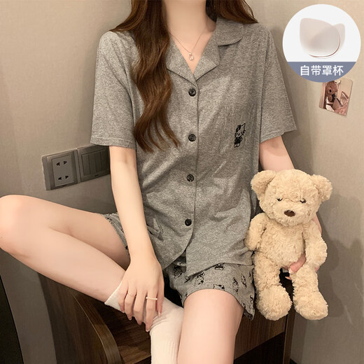 Catman (miiow) Koreanischer Pyjama für Frauen mit Brustpolstern für Sommerkurzschläfe für Kurzärärmel-Strickjacken Anzug Sommergefühl kann außerhalb von Heimkleidung getragen werden.