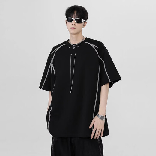 S.SOFEA暗黑条纹拼接短袖T恤男夏季个性时尚痞帅夏装 【高质量】CQS1423 黑色 S