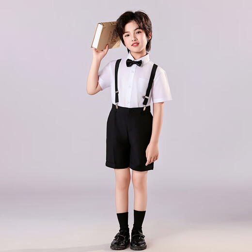 安妮优儿儿童礼服男童套装主持人演出服小男孩花童表演西装夏 黑色  150