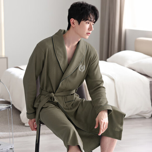 Shantou Lincun Waffle Bathroom Men's Spring and Autumn Pure Cotton Medium-length Men's Nightgown 2025 New Water-absorbing Integrated Yukata LJ16822 M Size [Weight 100-120Jin [Jin equals 0.5 kg]]