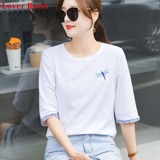 LOVER RUCCI西柚红纯棉七分袖t恤女士中袖宽松减龄春秋体恤夏季2025新款上衣 W6172冰蓝 中袖 M (建议80-105斤)