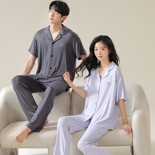 含蕊睡衣女夏季莫代尔薄款短袖长裤大码凉感冰丝男家居服套装 N12108女12308男 170 女款M