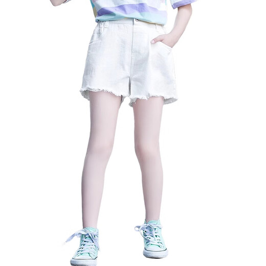 艾卡诺 I.KARNOW女童白色短裤夏季外穿儿童洋气裤子夏款薄款女孩夏装牛仔裤中大童 1429白+18897蓝渐粉【短袖套装】 170