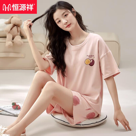 恒源祥自带胸垫一体纯棉睡衣女士性感可爱夏天短袖短裤套装可外穿家居服 1047套装 M 适合80-100斤