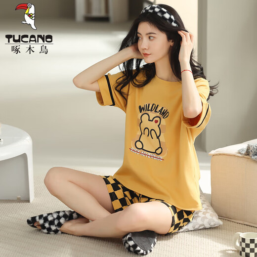 啄木鸟（TUCANO）夏季女士短袖全棉格子睡衣套装夏天纯韩版家居服可外穿卡通 Y9848 M (建议75-95斤)