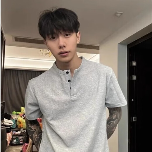 Cotton Snow American Waffle Henley Collar Heavy Short Sleeve T-shirt Men's Summer Loose Trendy Half-Sleeve High Street T-shirt Gray L 160CM-170CM
