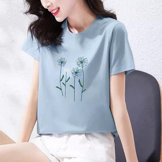 TAGD loose short-sleeved T-shirt for women 2025 summer new pure cotton slim round neck T-shirt fashionable printed casual top 6193 leather powder M (recommended 80-105Jin [Jin equals 0.5 kg])