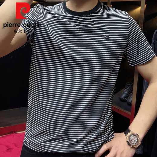 
Pierre cardin summer 2025 new round neck striped short-sleeved men's T-shirt casual half-sleeved slim base shirt sports t-shirt trend 9901 black 2XL recommended 140-155Jin [Jin equals 0.5 kg]