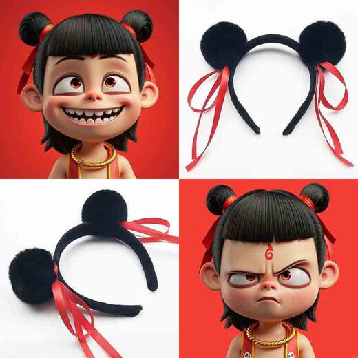 SNQP Cute Nezha Hairband Hair Ball Ball Hair Card Funny Photo Props Headwear Nezha Headband Children Nezha Hair Ball Black Hairband One Pack