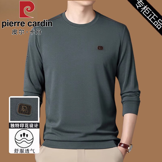 Pier Cardin high-end long-sleeved T-shirt men's spring and autumn pure cotton sweatshirt men's 2025 new round neck top T-shirt base shirt Trendy T 6625-green M 165 suggestion 120 Jin [Jin equals 0.5 kg]
