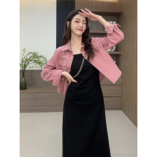 FHHUABD妮妮上新2024春装新款女装韩版磨毛衬衫外套褶皱吊带裙时尚两件套 粉色外套-9852#-版 单件 XL  118-130斤