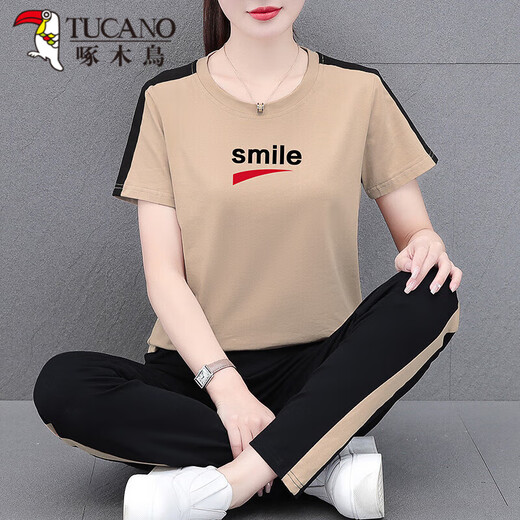 啄木鸟（TUCANO）夏季薄款运动套装女2025年新款妈妈装时尚夏装休闲纯棉短袖两件套 695 宝蓝[长裤套装] XL 【建议110-125斤】