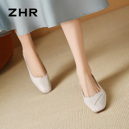 ZHR粗跟单鞋女经典拼接工作皮鞋通勤一脚蹬浅口女鞋软底AH673米色39