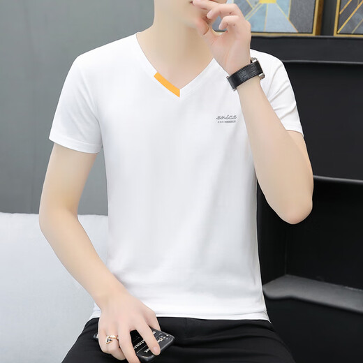 森马夏季新款男士纯棉V领半袖T恤潮流休闲小字母印花鸡心 691 黑色 XL 120-135斤