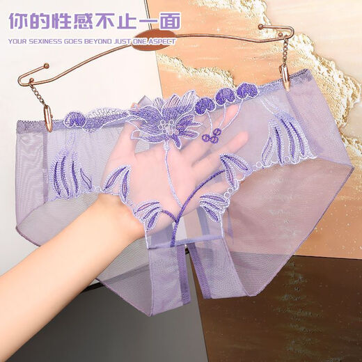 TULX莫代尔情趣开裆内裤女士花卉刺绣性感内裤纯欲网纱免脱三角丁字裤 838白色+紫色+红色 M