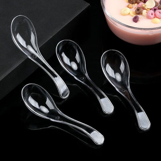 Disposable spoons, takeaway packaged fast food spoons, individually packaged hard plastic crystal ice powder spoons, 2 bags of 100 pieces - simple packaging