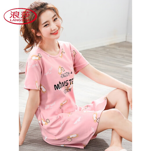 浪莎（LangSha）睡裙女款夏季纯棉短袖2025新款家居服网红女士夏天夏款过膝睡衣裙 C1105 M 女(75-95斤)