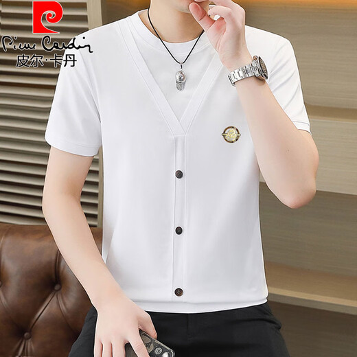 
Pierre cardin design short-sleeved T-shirt men's 2025 summer new high-end light luxury cotton base shirt fake two-piece round neck top 6625 white M 80-100Jin [Jin equals 0.5 kg]
