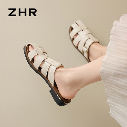 ZHR包头拖鞋女罗马编织风软平底半拖鞋透气轻便一脚蹬 CE55 米色37