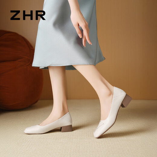 ZHR粗跟单鞋女经典拼接工作皮鞋通勤一脚蹬浅口女鞋软底AH673米色39