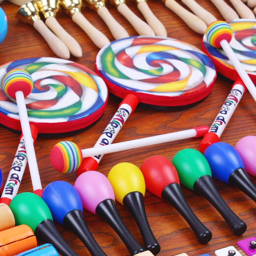 Triple Luolf Percussion Instrument Set Geschenkbox Kindergarten Frühbildung Aufklärungs Musikunterricht AIDS Spielzeug Schlagzeug Robe Drums Sand Hammer Cartoon Tiere 28 Stücke Lieferbox