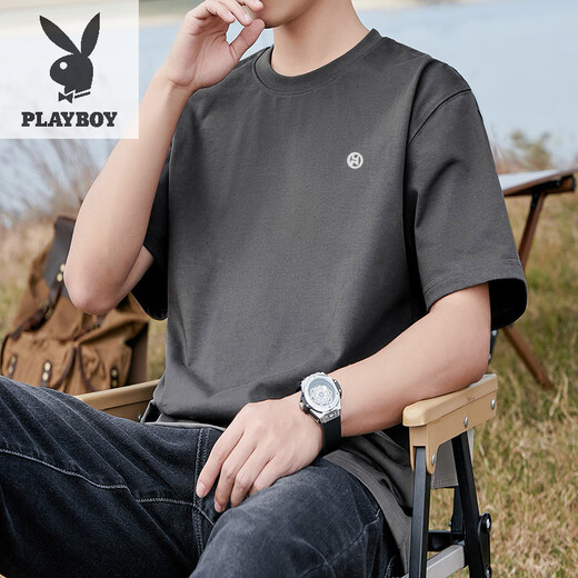 Playboy (PLAYBOY) pure cotton short-sleeved T-shirt for men ins summer versatile white T-shirt Hong Kong style couple loose half-sleeved tops trendy khaki pure cotton short-sleeved-1365 XL