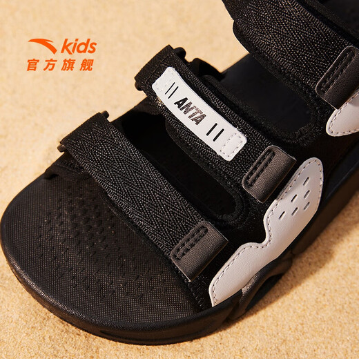 ANTA children's sandals, men's and women's shoes, 2025 summer new summer Velcro children's open-toe arch beach shoes, boys, black/limestone-5 34