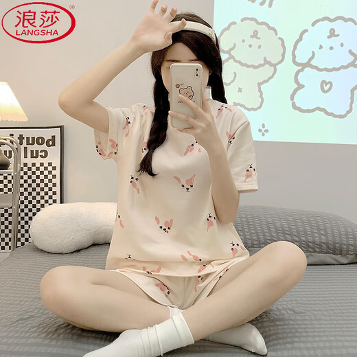 浪莎（LangSha）夏季女睡衣新款棉质夏天2025ins卡通印花圆领套头短袖爆款可外穿 1048紫兔 L (适合95-110斤)