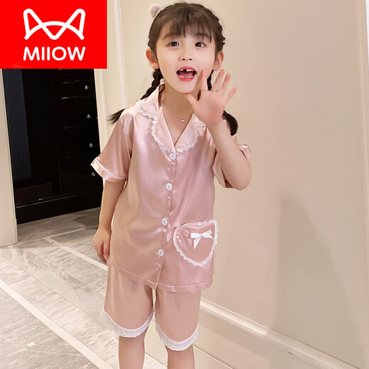 猫人（MiiOW）儿童睡衣女童夏季薄款冰蚕丝短袖中大童女孩宝宝亲子家居服套 1047小熊 短.袖短.裤 S 143-153CM 70-85斤左右 右)